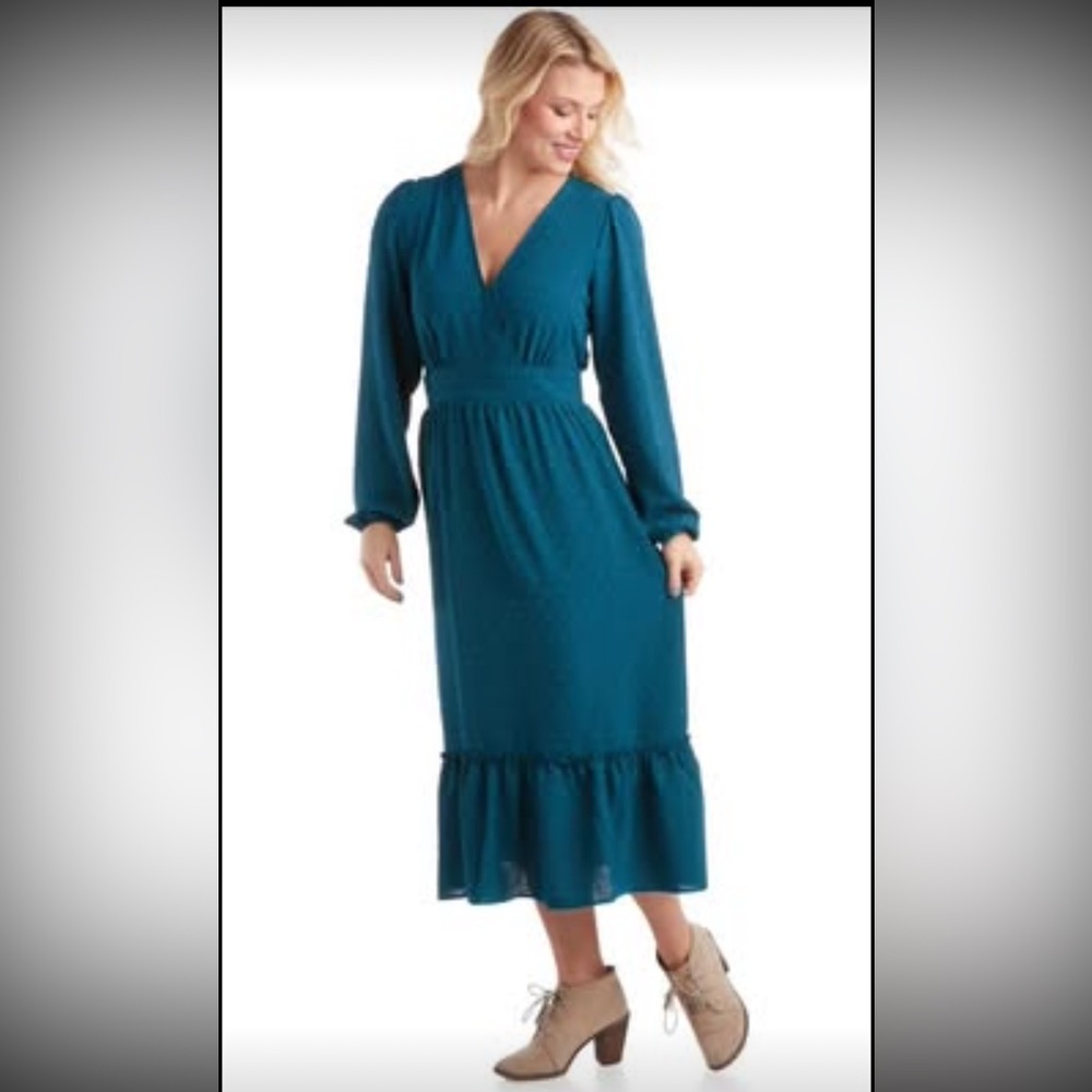 NWT Lucky Brand Women's Large Long Sleeve V-Neck Midi Dress, navy blue